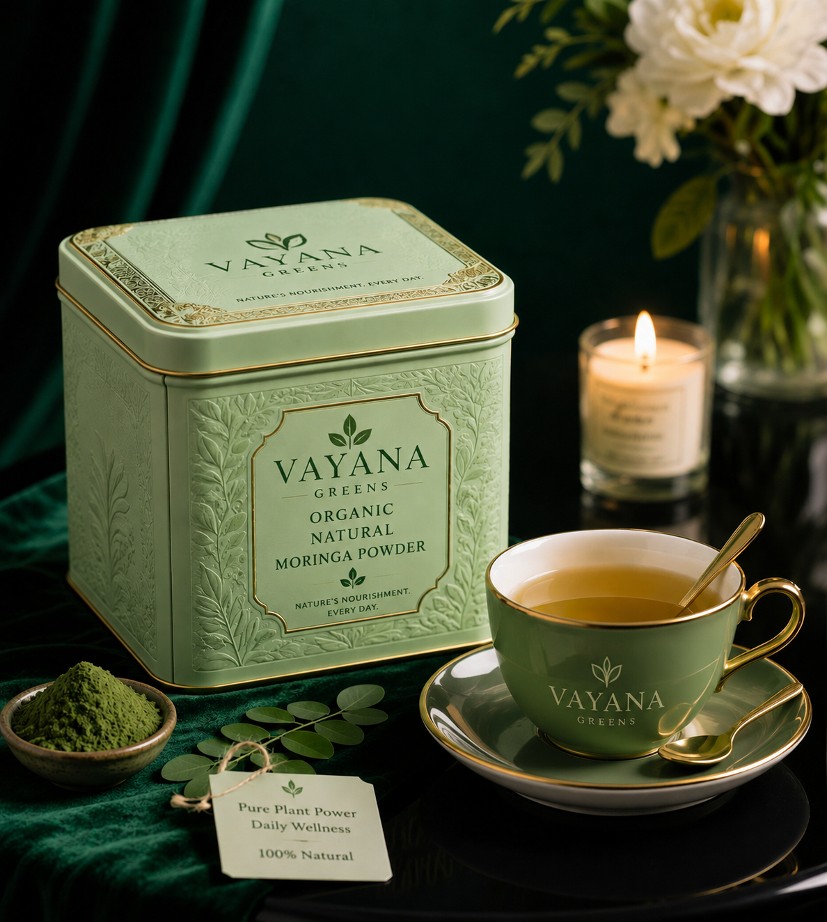 Vayana Greens organic moringa powder tin beside a green and gold teacup
